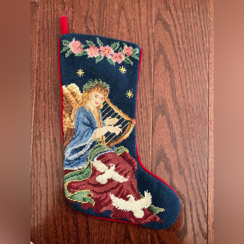 1990 Christmas Stocking Needlepoint Angel Harp
